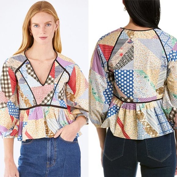 NWT Hunter Bell 3/4 Sleeves Peplum Grayson V-Neck Top Patchwork Multicolor - Picture 8 of 8
